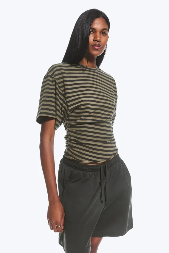 Draped Fitted T-Shirt – Dark Grey Stripe Draped Fitted T-Shirt – Dark Grey Stripe