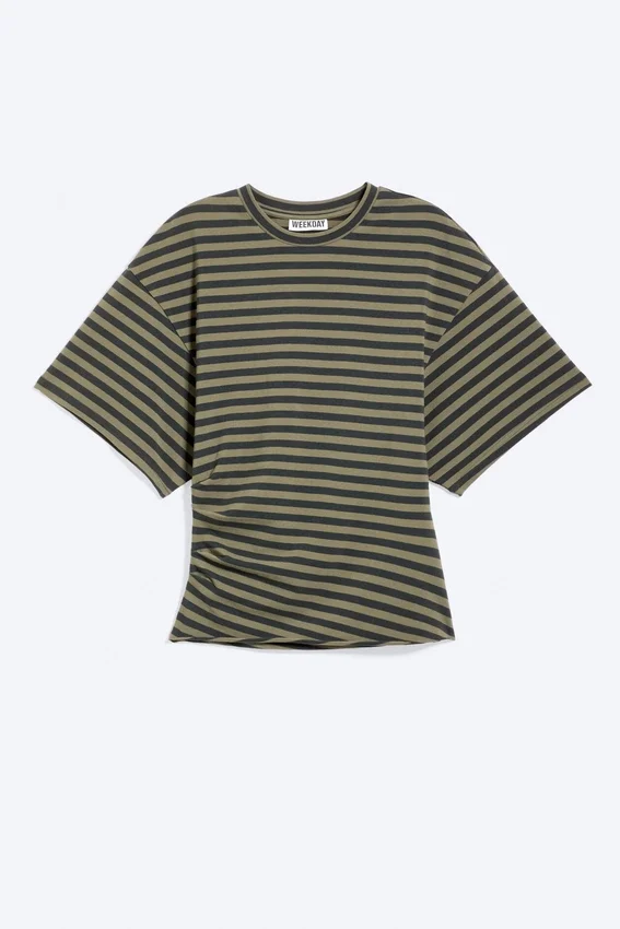 Draped Fitted T-Shirt – Dark Grey Stripe Draped Fitted T-Shirt – Dark Grey Stripe