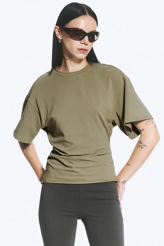 Draped Fitted T-Shirt – Dusty Khaki Green Draped Fitted T-Shirt – Dusty Khaki Green