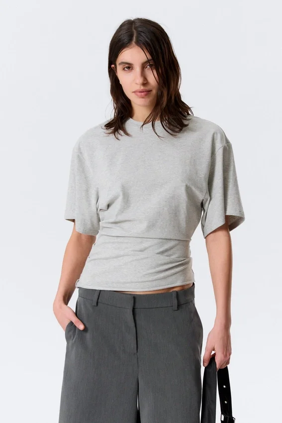 Draped Fitted T-Shirt – Grey Melange Draped Fitted T-Shirt – Grey Melange