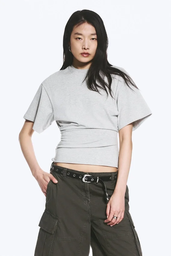 Draped Fitted T-Shirt – Grey Melange Draped Fitted T-Shirt – Grey Melange