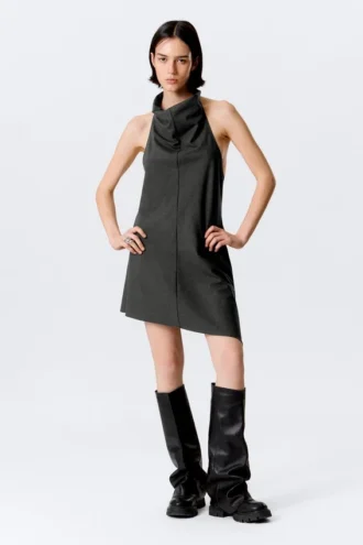 Draped Halter Cowl Neck Midi Dress – Striped Dark Grey