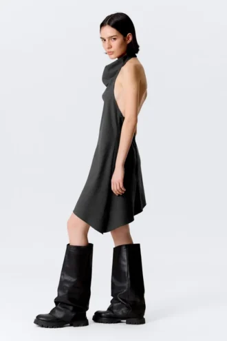 Draped Halter Cowl Neck Midi Dress – Striped Dark Grey