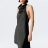 Draped Halter Cowl Neck Midi Dress – Striped Dark Grey Draped Halter Cowl Neck Midi Dress – Striped Dark Grey