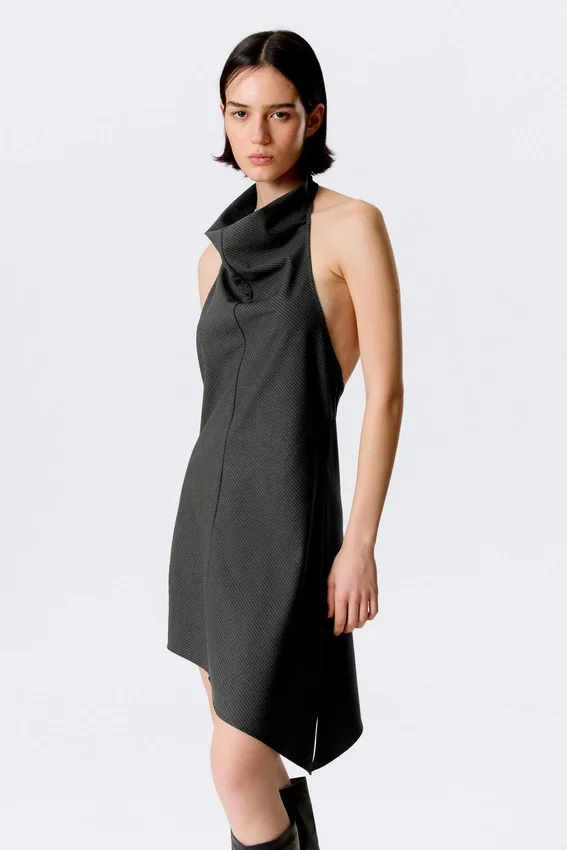 Draped Halter Cowl Neck Midi Dress – Striped Dark Grey Draped Halter Cowl Neck Midi Dress – Striped Dark Grey