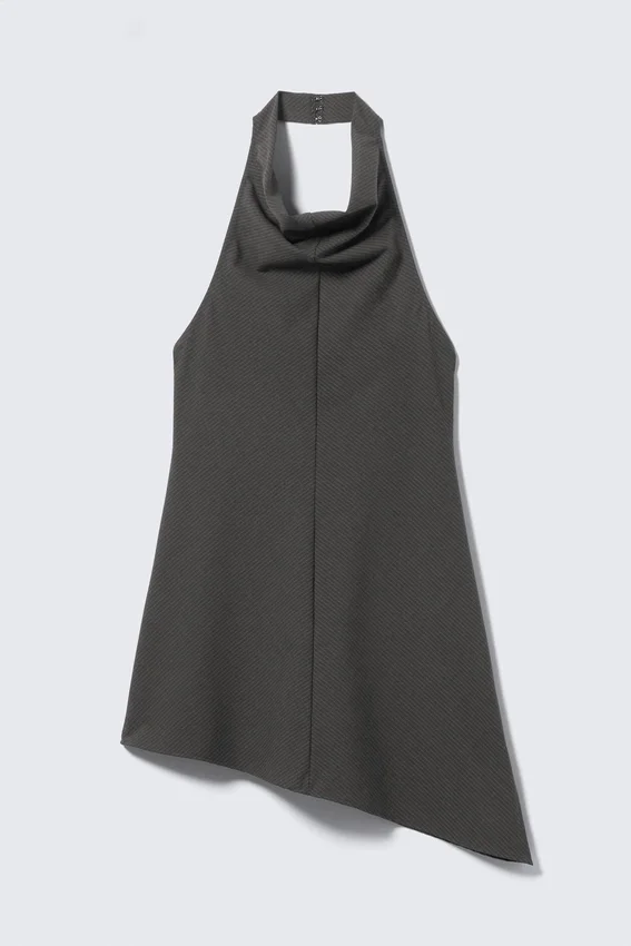 Draped Halter Cowl Neck Midi Dress – Striped Dark Grey Draped Halter Cowl Neck Midi Dress – Striped Dark Grey