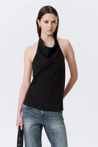Draped Halter Cowl-Neck Top – Black