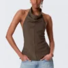 Draped Halter Cowl-Neck Top – Striped Brown Draped Halter Cowl-Neck Top – Striped Brown