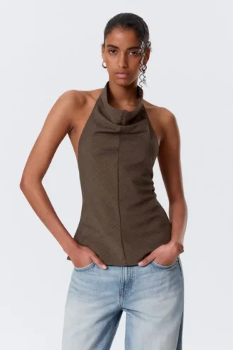 Draped Halter Cowl-Neck Top – Striped Brown