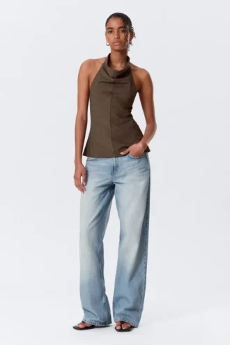 Draped Halter Cowl-Neck Top – Striped Brown