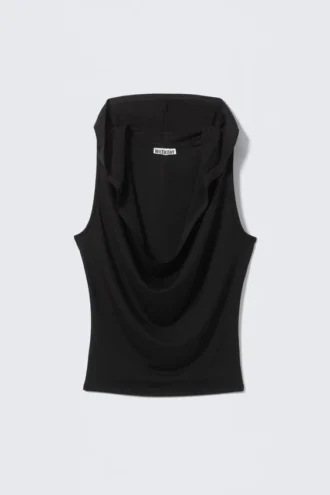 Draped Hooded Sleeveless Lyocell Top – Black