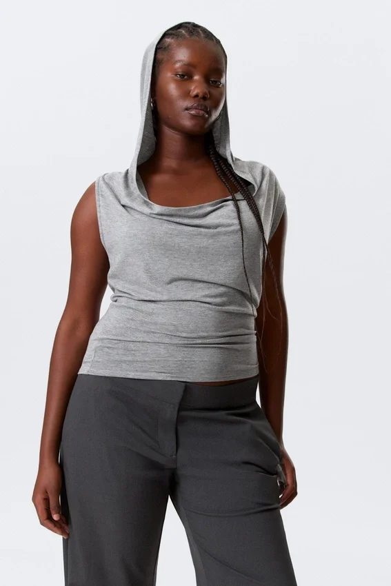 Draped Hooded Sleeveless Lyocell Top – Grey Melange Draped Hooded Sleeveless Lyocell Top – Grey Melange