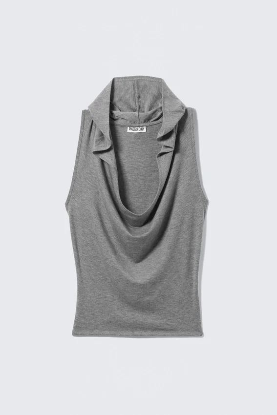 Draped Hooded Sleeveless Lyocell Top – Grey Melange Draped Hooded Sleeveless Lyocell Top – Grey Melange