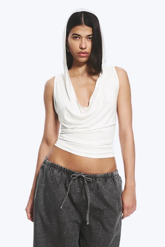Draped Hooded Sleeveless Lyocell Top – White Draped Hooded Sleeveless Lyocell Top – White