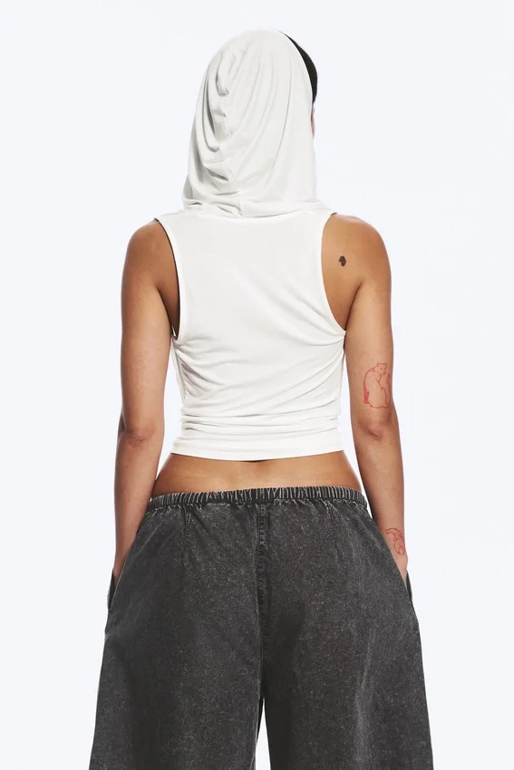 Draped Hooded Sleeveless Lyocell Top – White Draped Hooded Sleeveless Lyocell Top – White