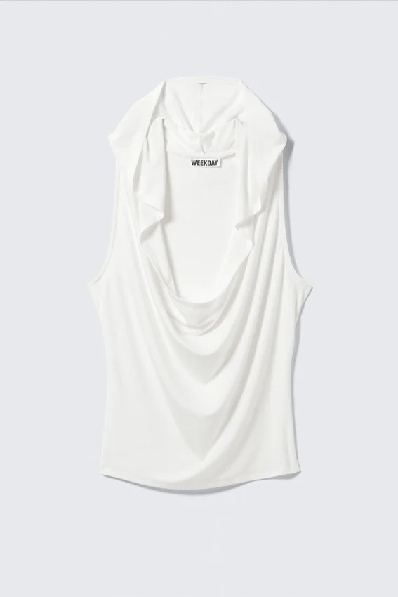 Draped Hooded Sleeveless Lyocell Top – White Draped Hooded Sleeveless Lyocell Top – White