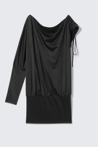 Draped Jersey One-Sleeved Dress – Black