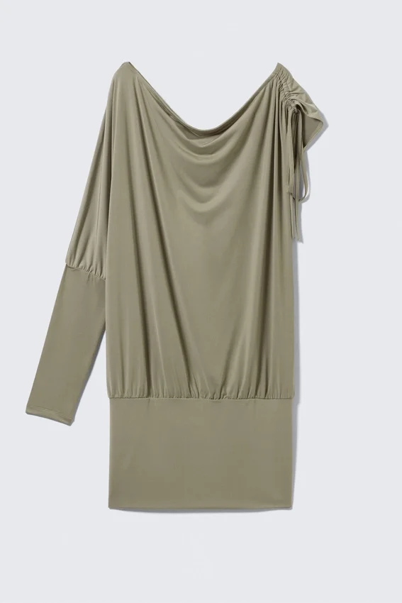 Draped Jersey One-Sleeved Dress – Khaki Green Draped Jersey One-Sleeved Dress – Khaki Green