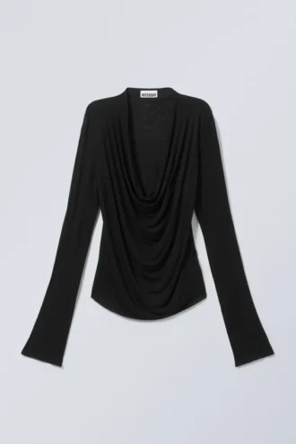 Draped Long-Sleeved Top – Black