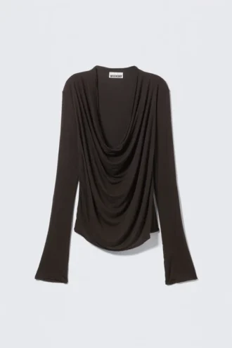 Draped Long-Sleeved Top – Dark Brown