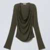 Draped Long-Sleeved Top – Dark Khaki Green Draped Long-Sleeved Top – Dark Khaki Green
