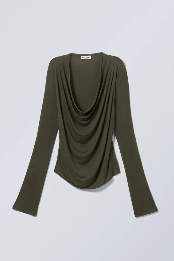 Draped Long-Sleeved Top – Dark Khaki Green Draped Long-Sleeved Top – Dark Khaki Green