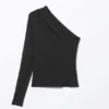 Draped One-Shoulder Nylon Top – Black