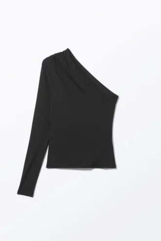 Draped One-Shoulder Nylon Top – Black