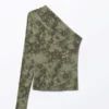 Draped One-Shoulder Nylon Top – Khaki Green – Spray Flowers Draped One-Shoulder Nylon Top – Khaki Green – Spray Flowers