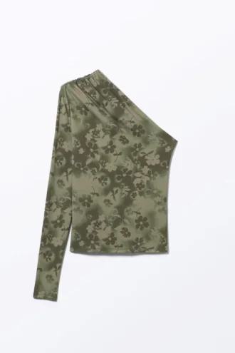 Draped One-Shoulder Nylon Top – Khaki Green – Spray Flowers