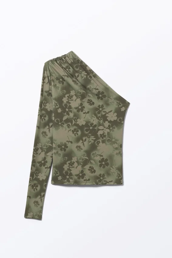 Draped One-Shoulder Nylon Top – Khaki Green – Spray Flowers Draped One-Shoulder Nylon Top – Khaki Green – Spray Flowers