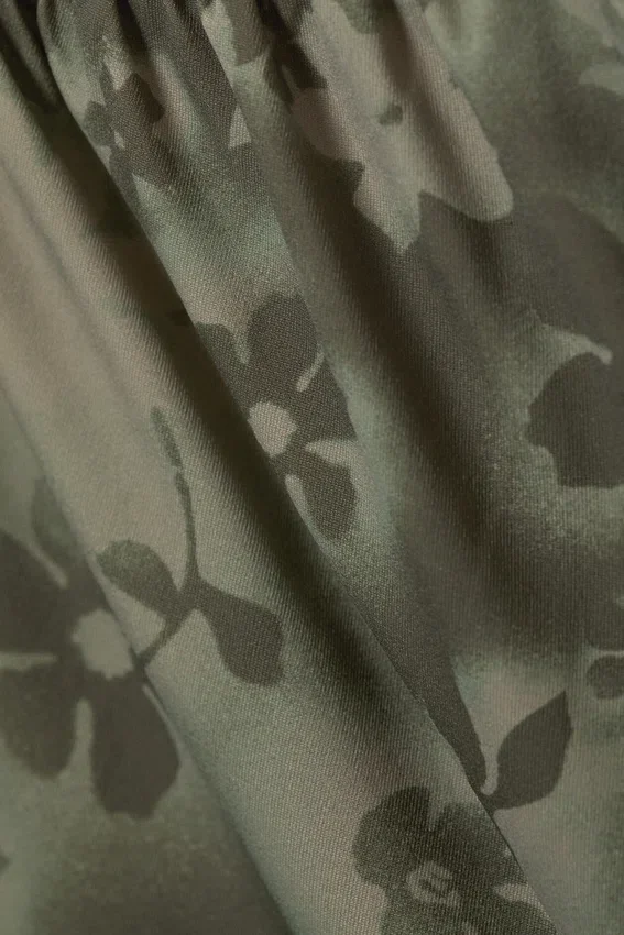 Draped One-Shoulder Nylon Top – Khaki Green – Spray Flowers Draped One-Shoulder Nylon Top – Khaki Green – Spray Flowers