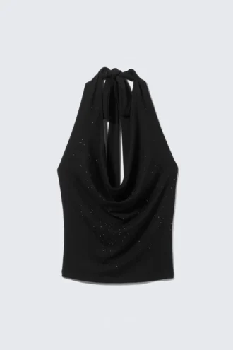 Draped Rhinestone Waterfall Top – Black