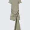 Draped Tie-Front Mini Dress – Khaki Green Draped Tie-Front Mini Dress – Khaki Green