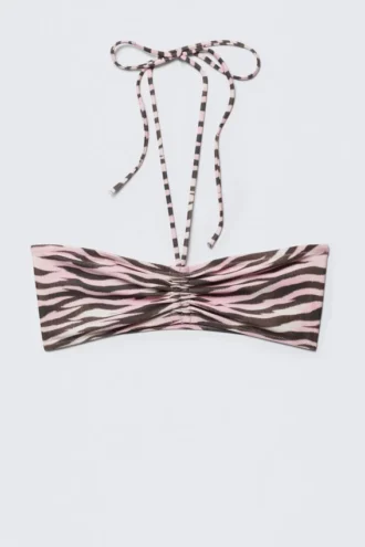Drawstring Bandeau Halter Bikini Top – Pink – Tiger Stripes Drawstring Bandeau Halter Bikini Top – Pink – Tiger Stripes