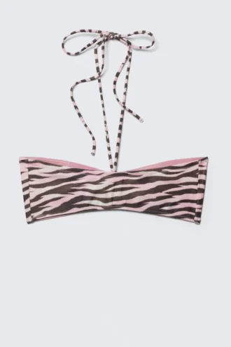 Drawstring Bandeau Halter Bikini Top – Pink – Tiger Stripes Drawstring Bandeau Halter Bikini Top – Pink – Tiger Stripes