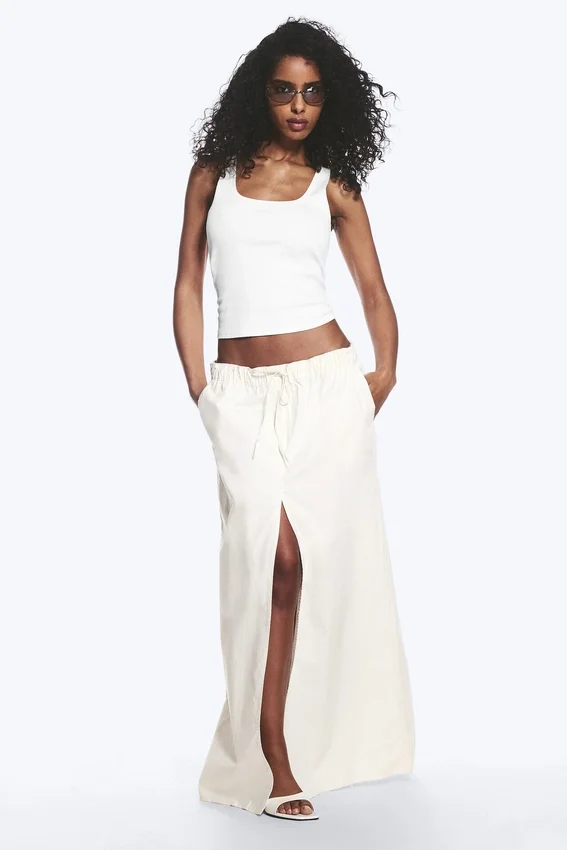 Drawstring Cotton Canvas Maxi Skirt – White Drawstring Cotton Canvas Maxi Skirt – White