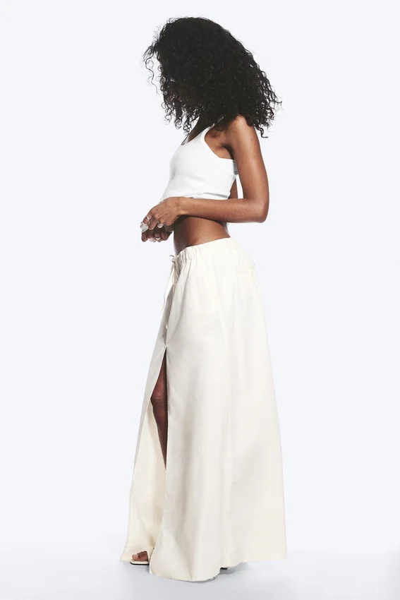 Drawstring Cotton Canvas Maxi Skirt – White Drawstring Cotton Canvas Maxi Skirt – White