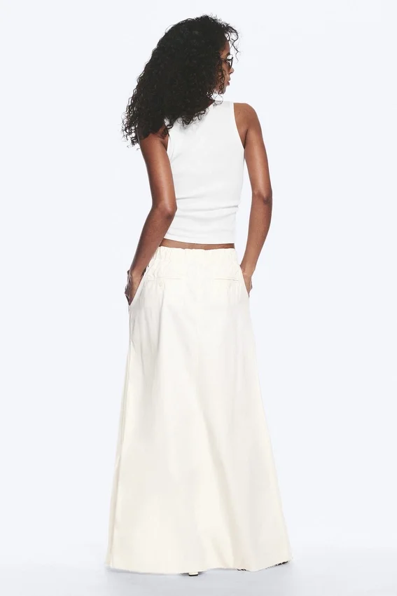 Drawstring Cotton Canvas Maxi Skirt – White Drawstring Cotton Canvas Maxi Skirt – White