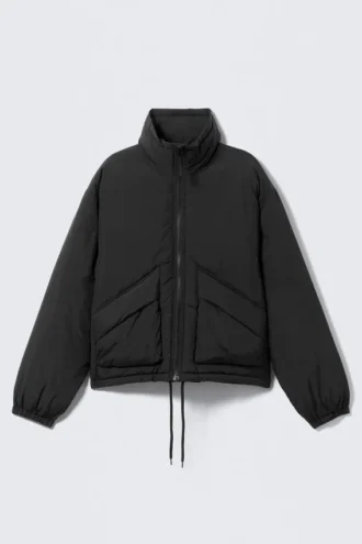 Drawstring Nylon Puffer Jacket – Black