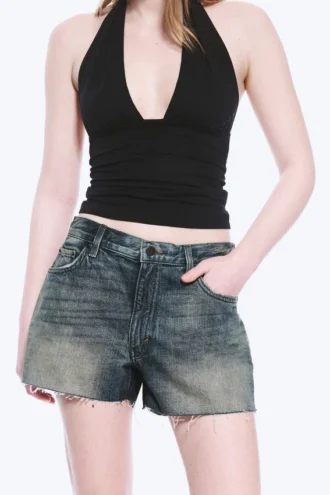 Duchess Low Rise Distressed Mini Denim Shorts – Baltic Blue – Dark Blue
