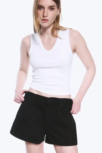 Duchess Low Rise Distressed Mini Denim Shorts – Black Rinse – Black