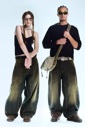 Dunno Unisex Low Rise Loose Barrel Jeans – Washed Sulfur – Dark Khaki | Cheap Monday Gb
