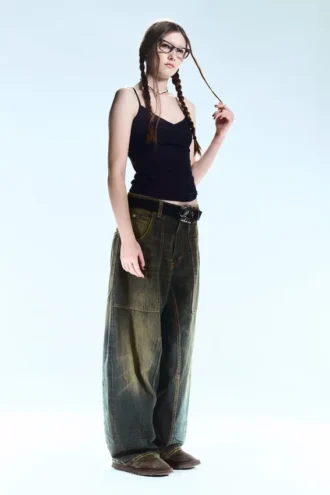 Dunno Unisex Low Rise Loose Barrel Jeans – Washed Sulfur – Dark Khaki | Cheap Monday Gb