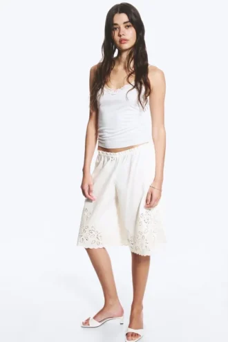 Embroidered Knee Length Cotton Shorts – White
