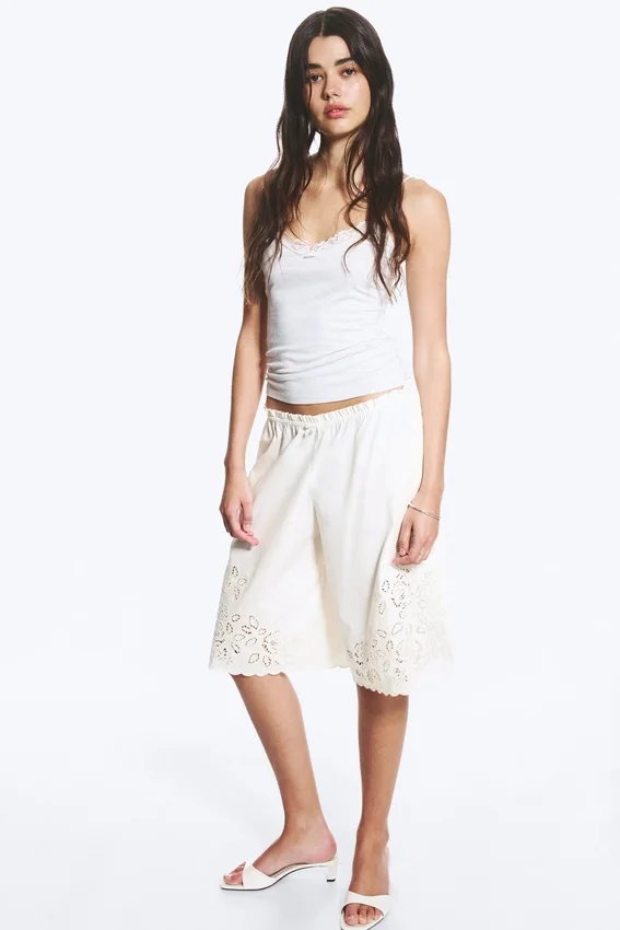 Embroidered Knee Length Cotton Shorts – White Embroidered Knee Length Cotton Shorts – White