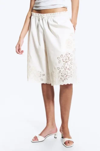 Embroidered Knee Length Cotton Shorts – White