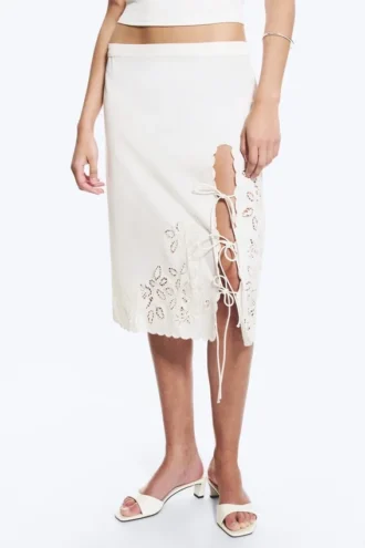 Embroidered Knee Length Cotton Skirt – White