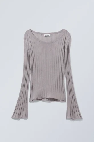Enora Sheer Knit Long Sleeve Top – Light Grey