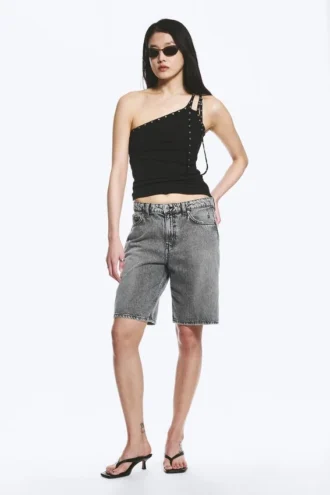 Eyelet Detail Asymmetric Tank Top – Black
